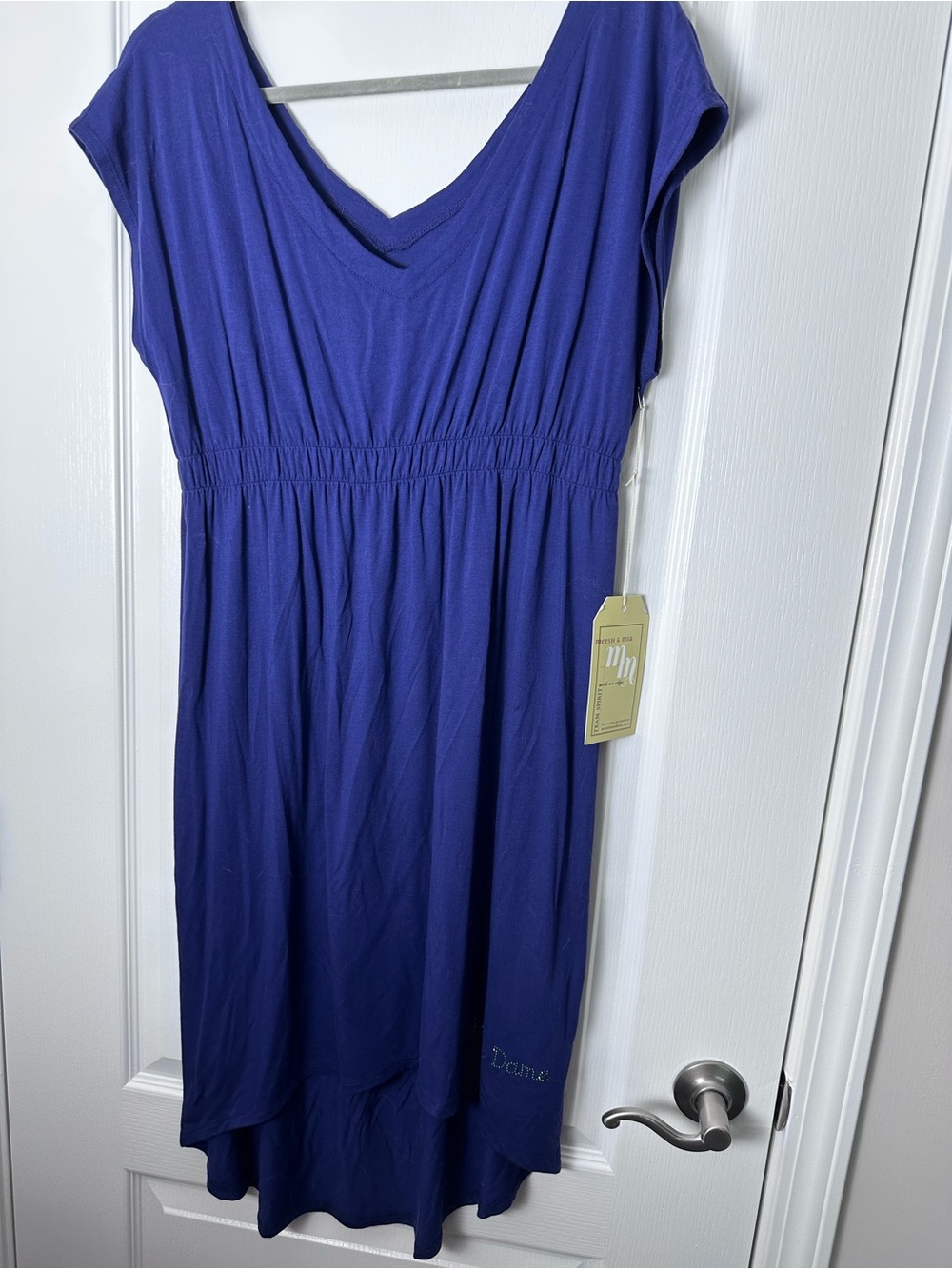 Asymmetrical V-Neck Womens Dress in Deep Blue (Notre Dame in green crystals)